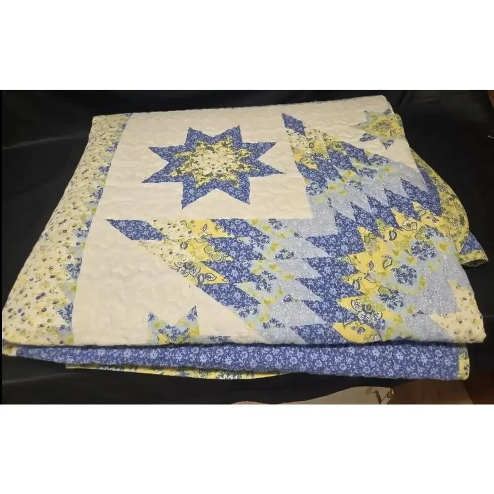 Full Size Quilt and Sham Lonestar Patchwork Quilt Blue Yellow White 84